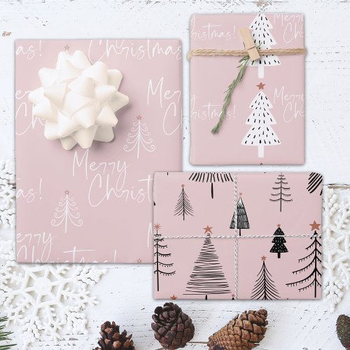 Pink and White Merry Christmas Tree  Wrapping Paper Sheets