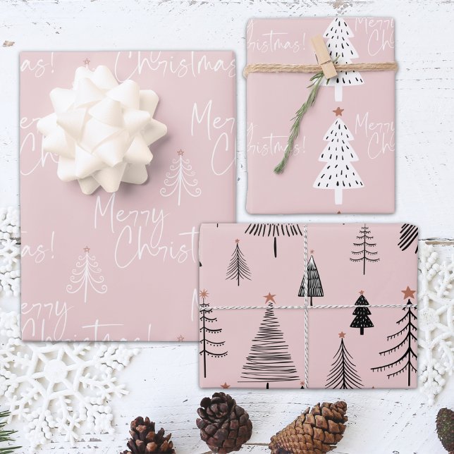 Pink and White Merry Christmas Tree  Wrapping Paper Sheets (Creator Uploaded)