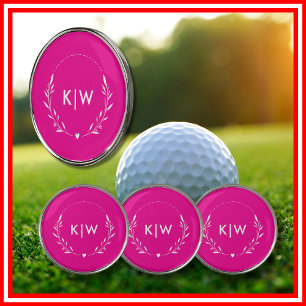 Pink and White   Modern Initials Monogram Golf Ball Marker
