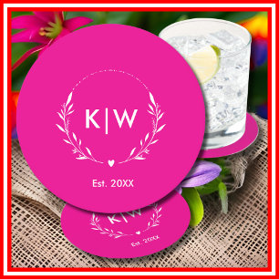 Pink and White   Modern Initials Monogram Round Paper Coaster