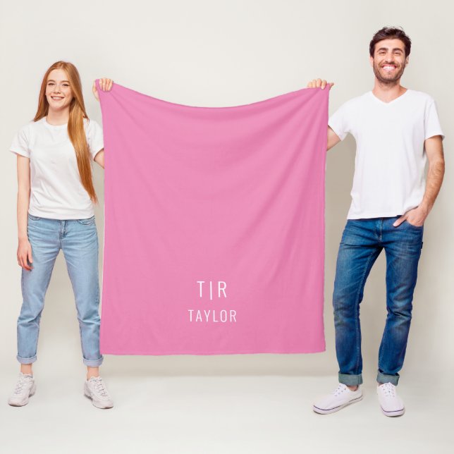Pink and white modern monogram elegant fleece blanket (In Situ)