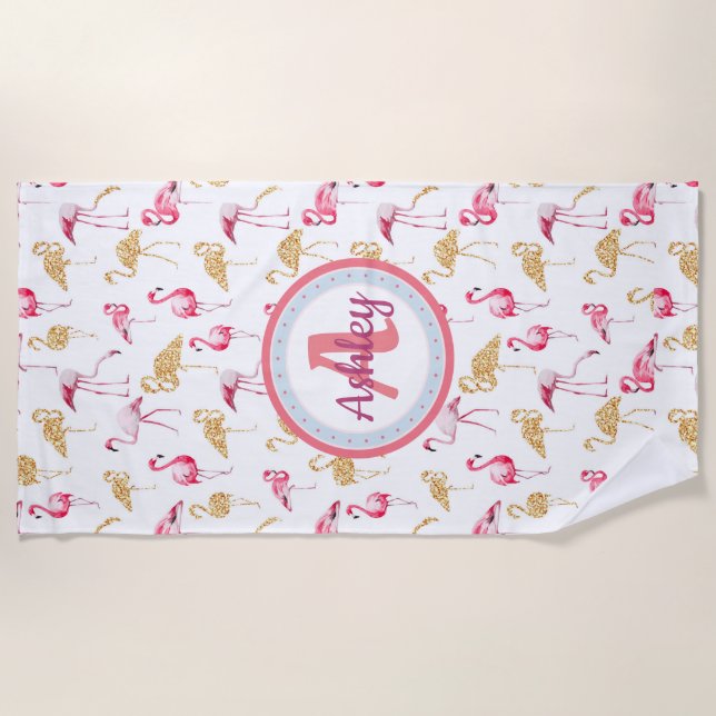 Pink and White, Monogram, Flamingo pattern. Beach Towel (Front)