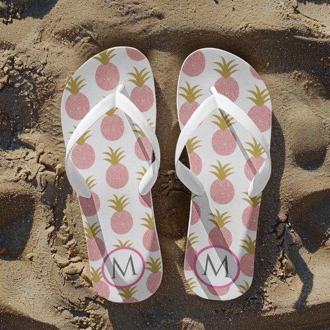 Pink and White Monogram Glitter Pineapple Flip Flops (Creator Uploaded)