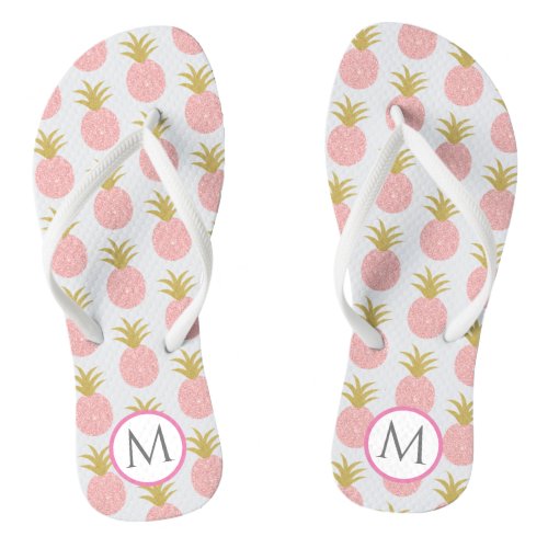 Pink and White Monogram Glitter Pineapple Flip Flops