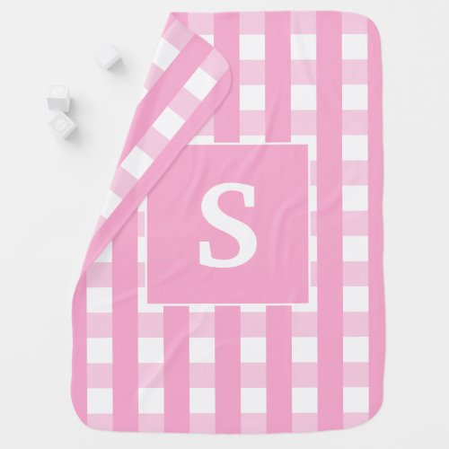 Pink and White Monogram Plaid Gingham Baby Blanket