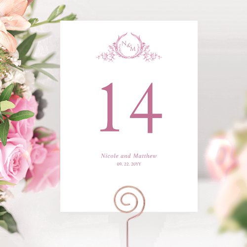 Pink and White Monogram Wedding Table Number