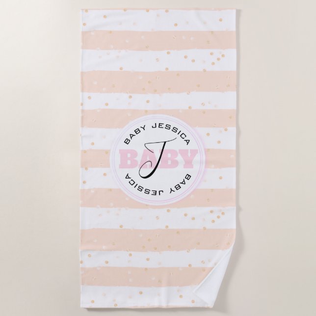 Pink and White Monogrammed Baby Stripes Beach Towel (Front)