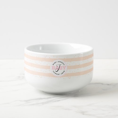 Pink and White Monogrammed Baby Stripes Soup Mug