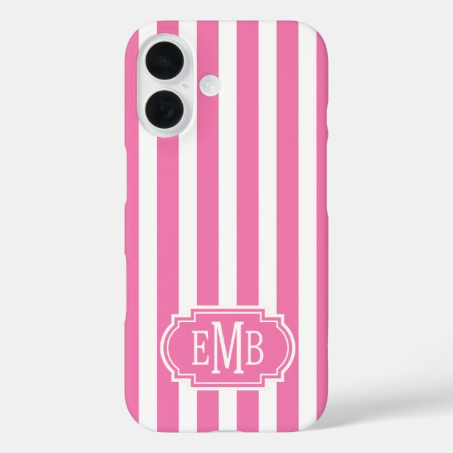 Pink and White Monogrammed Stripes Case-Mate iPhone Case (Back)