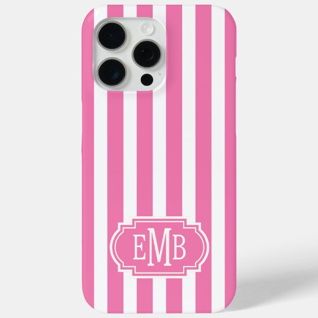 Pink and White Monogrammed Stripes Case-Mate iPhone Case (Back)