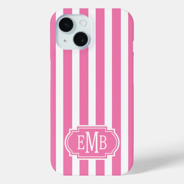 Pink and White Monogrammed Stripes Case-Mate iPhone Case (Back)
