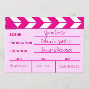 Pink and White Movie Clapboard Sweet 16 invites