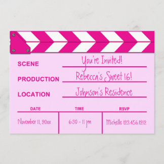 Pink and White Movie Clapboard Sweet 16 invites