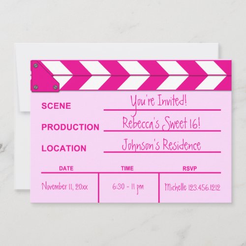 Pink and White Movie Clapboard Sweet 16 invites