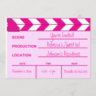 Pink and White Movie Clapboard Sweet 16 invites