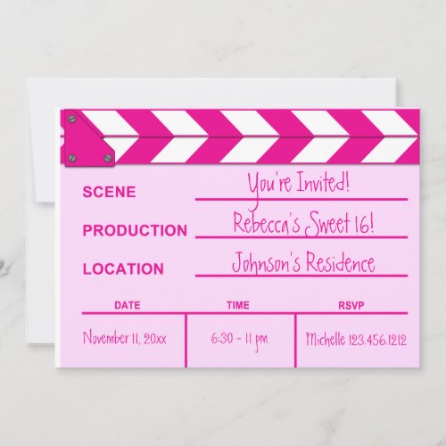 Pink and White Movie Clapboard Sweet 16 invites