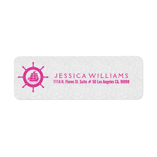 Pink And White Nautical Boat Wheel Label (Front)