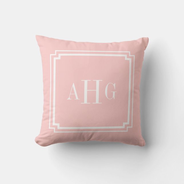 Pink and White Notched Corner Custom Monogram Throw Pillow (Front)