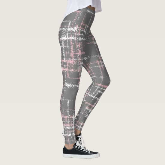 pink and white on gray abstract crisscross pattern leggings