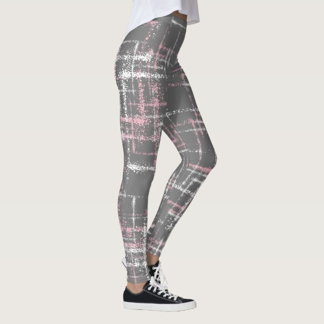 pink and white on gray abstract crisscross pattern leggings (Right)