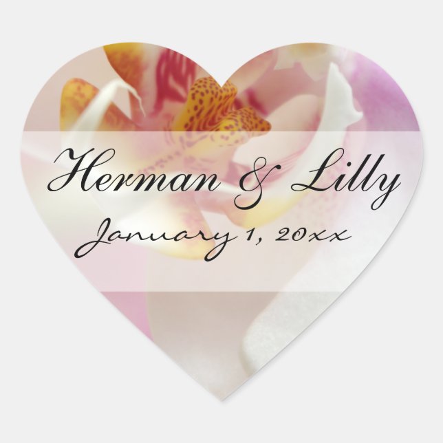 Pink and White Orchid Personalized Wedding Heart Sticker (Front)