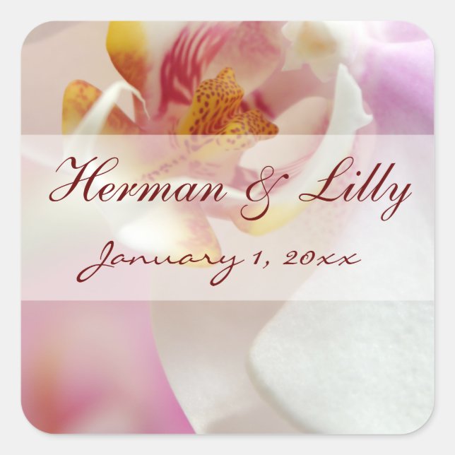 Pink and White Orchid Personalized Wedding Square Sticker (Front)