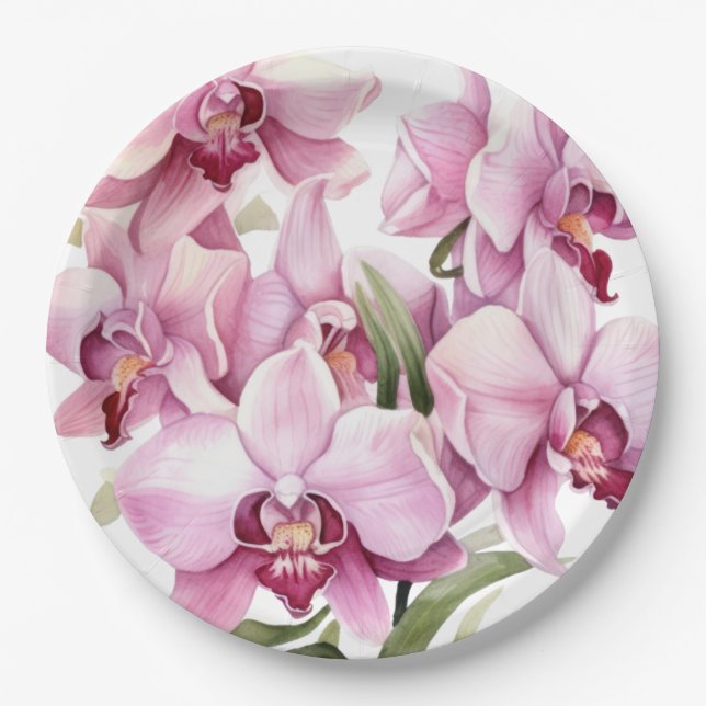 Pink and White Orchids Wedding Paper Plates (Front)