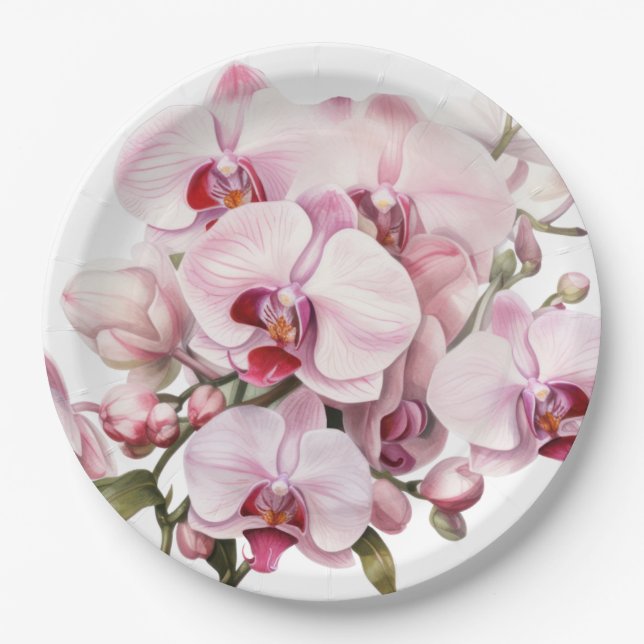 Pink and White Orchids Wedding Paper Plates (Front)