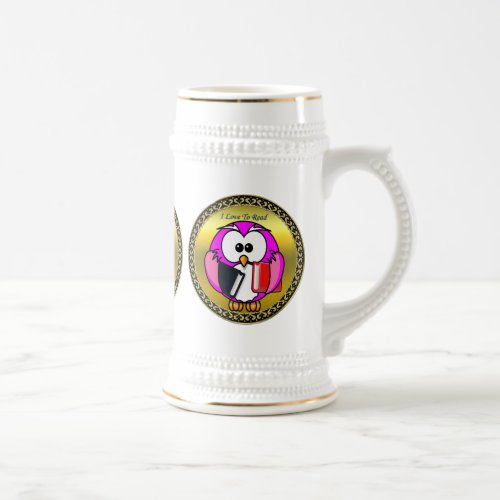 Pink and white owl holding school books gold frame beer stein