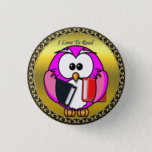 Pink and white owl holding school books gold frame button