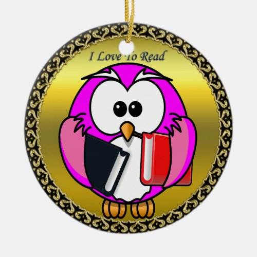 Pink and white owl holding school books gold frame ceramic ornament