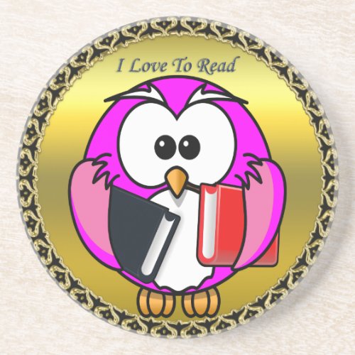 Pink and white owl holding school books gold frame coaster
