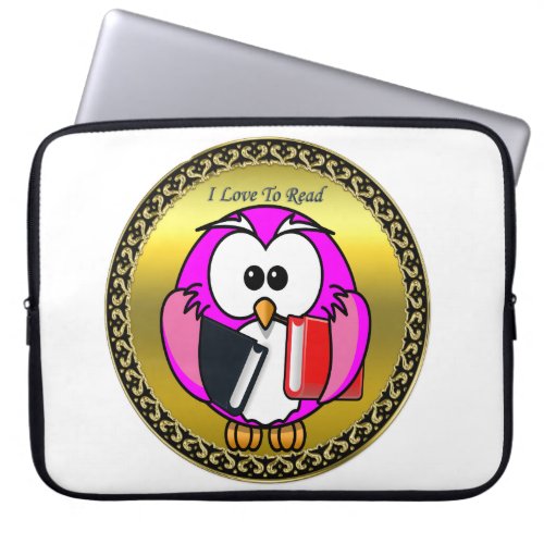 Pink and white owl holding school books gold frame laptop sleeve