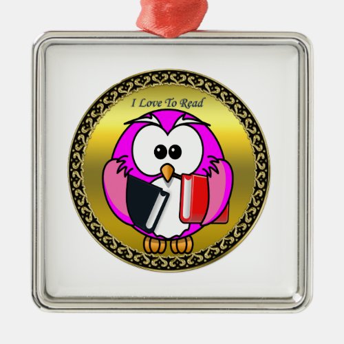 Pink and white owl holding school books gold frame metal ornament