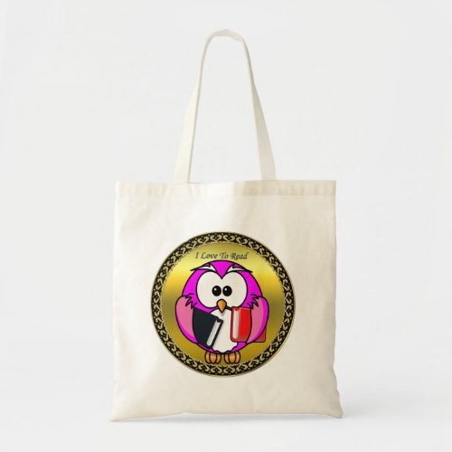 Pink and white owl holding school books gold frame tote bag