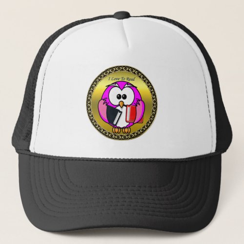 Pink and white owl holding school books gold frame trucker hat