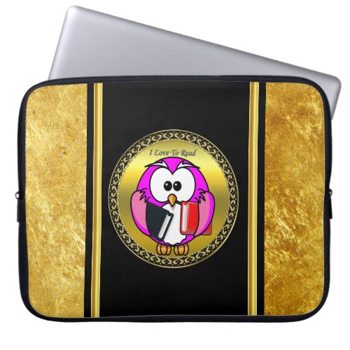 Pink and white owl holding school books to read laptop sleeve
