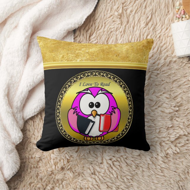 Pink and white owl holding school books to read throw pillow (Blanket)