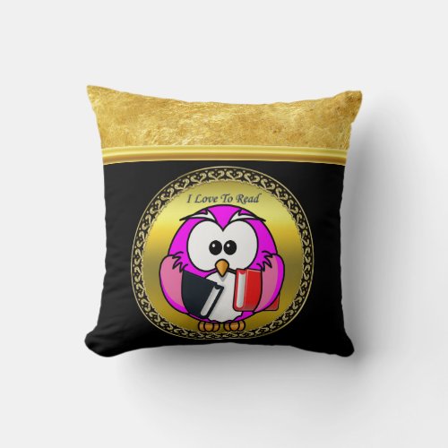 Pink and white owl holding school books to read throw pillow