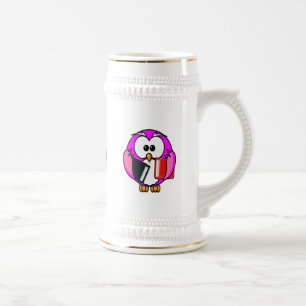 Pink and white owl holding some school books beer stein