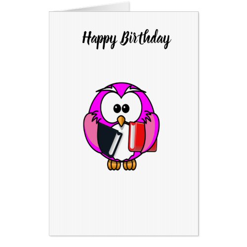 Pink and white owl holding some school books card