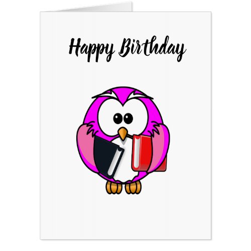 Pink and white owl holding some school books card