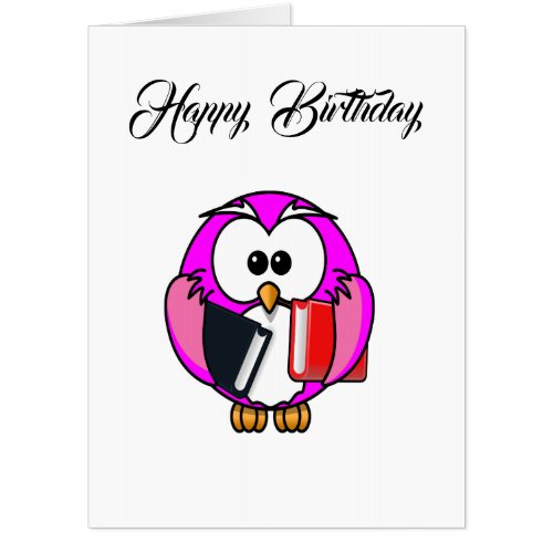 Pink and white owl holding some school books card