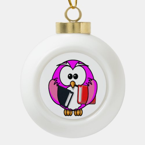 Pink and white owl holding some school books ceramic ball christmas ornament