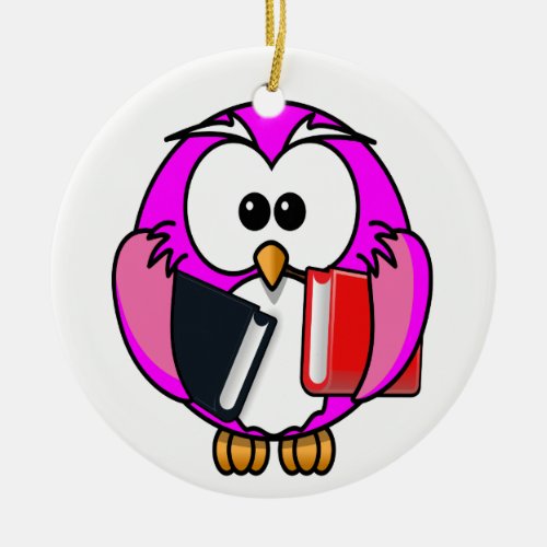 Pink and white owl holding some school books ceramic ornament