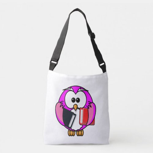 Pink and white owl holding some school books crossbody bag