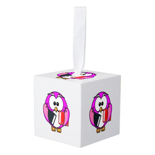 Pink and white owl holding some school books cube ornament