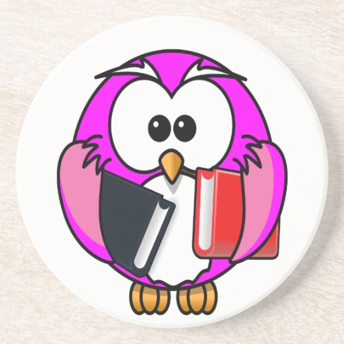 Pink and white owl holding some school books drink coaster