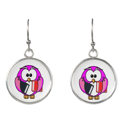 Pink and white owl holding some school books earrings