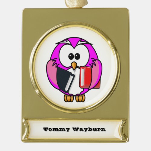 Pink and white owl holding some school books gold plated banner ornament
